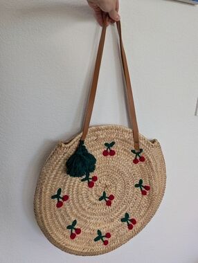 RARE Sezane Straw Shoulder Bag with Red Cherry Embroidery And Leather Straps